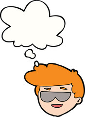 cartoon boy wearing sunglasses with thought bubble
