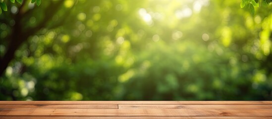 Nature themed background with a wooden table in a garden featuring bokeh in a spring summer setting The wood surface is versatile serving as a shelf counter desk and for picnic meals and produc - Powered by Adobe