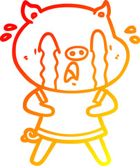 warm gradient line drawing of a crying pig cartoon wearing human clothes