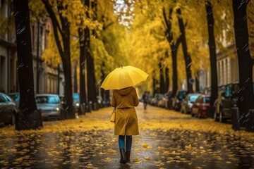 A girl in a yellow raincoat with an umbrella walks through the autumn street.