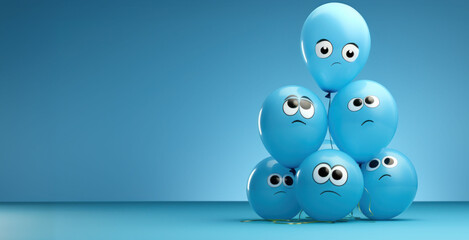 pyramid of sad blue balloons, on a blue background, blue monday, copy space, banner - obrazy, fototapety, plakaty