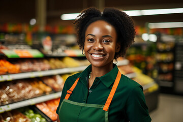 Generative AI image photo of cheerful charming woman working in a grocery store