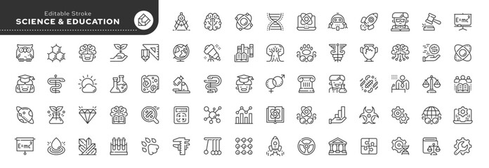 Set of line icons in linear style. Series - Science, education and research. Natural, applied, social, formal and life sciences. Outline icon collection. Conceptual pictogram and infographic. - obrazy, fototapety, plakaty