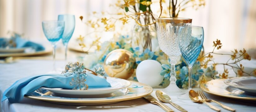 Boho wedding decor in vibrant blue and gold Festive table setting Copy space image Place for adding text or design