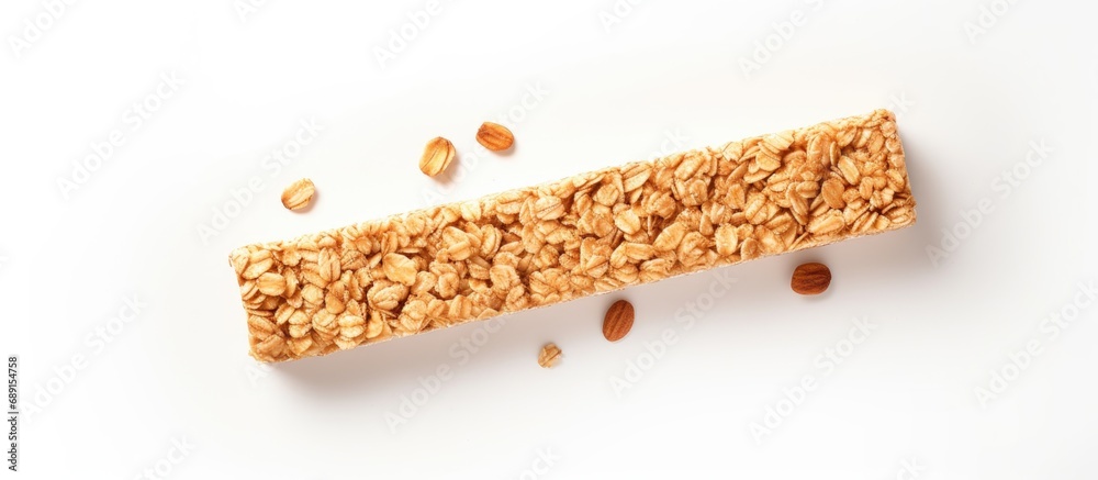 Aufkleber granola bar used creatively in a flat lay on a white background conveying a food concept copy space 