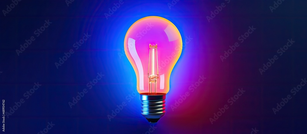 Leinwandbilder Blue LED smart bulb with multicolor backdrop for your design top view trendy neon backlight Copy space image Place for adding text or design