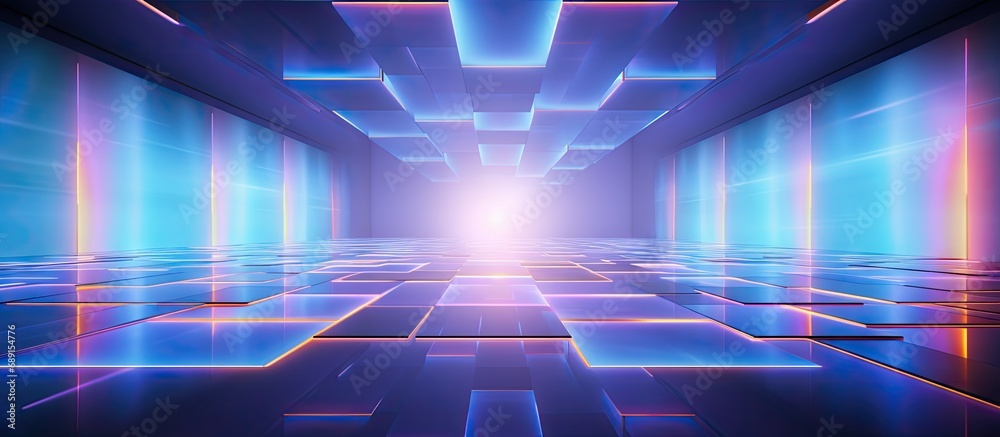 Poster Futuristic augmented reality art LED light in room reflected on floor Copy space image Place for adding text or design