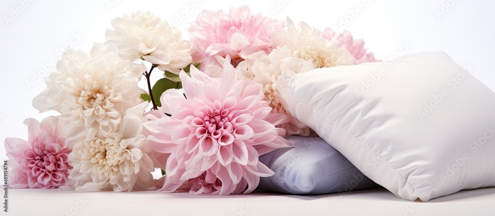 Poster Floral cushions on white surface Copy space image Place for adding text or design