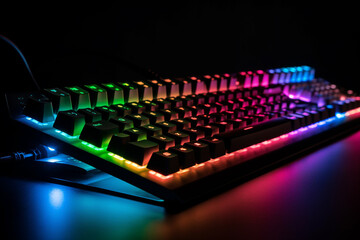 Close up of computer keyboard with colorful lights. Selective focus.