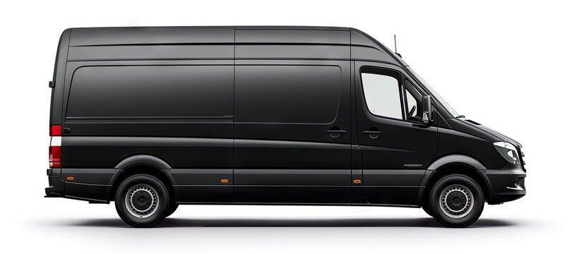 Black van being transported on white background with path Copy space image Place for adding text or design