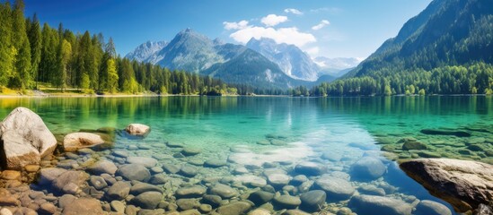 Gorgeous sunlit alpine highlands with majestic rock mountain backdrop and Hintersee lake in Bavarian Alps Germany Creative scenery Copy space image Place for adding text or design - obrazy, fototapety, plakaty