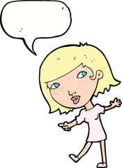 cartoon happy girl gesturing to follow with speech bubble