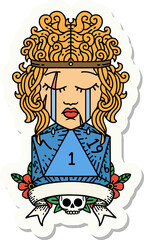 sticker of a crying human barbarian with natural one roll