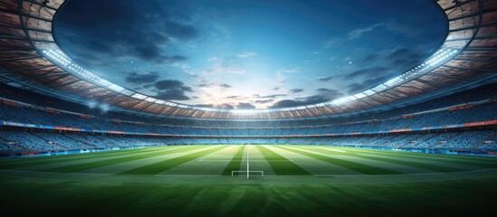 Crowded stadium anticipating a night game on a lush field Sports venue 3D backdrop Copy space image Place for adding text or design - obrazy, fototapety, plakaty