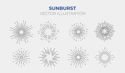 Sunburst Vector illustration. Sunburst set gold style isolated on white background for logo, tag, stamp, t shirt, banner, emblem. Vector Illustration  - obrazy, fototapety, plakaty