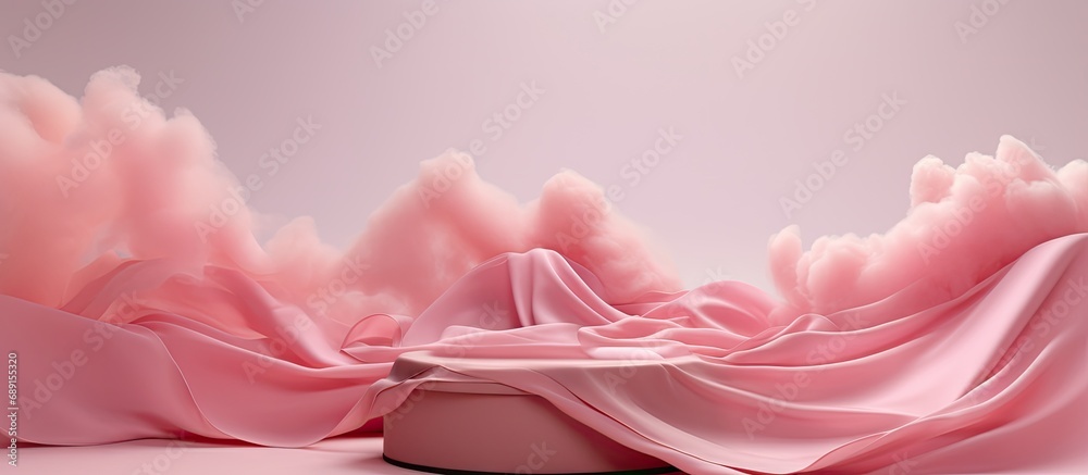 Poster feminine 3d stand with pink background silk curtain and wind cosmetic product presentation banner co