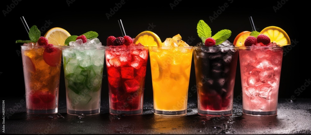 Aufkleber Closeup of fresh iced fruit drinks on black background Copy space image Place for adding text or design