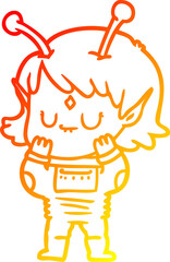 warm gradient line drawing of a cartoon alien girl