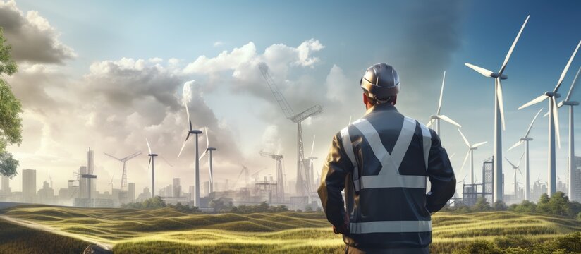 Engineers oversee wind turbines and virtual data through 3D representation Copy space image Place for adding text or design - Powered by Adobe