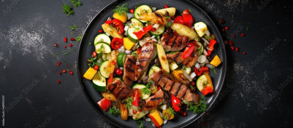 Poster Grilled meat and vegetable salad with zucchini peaches green onions and peppers Overhead view on tiled background Copy space image Place for adding text or design
