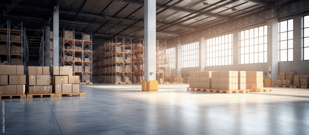 Poster distribution center or retail warehouse part of storage and shipping system contains shelves with pa