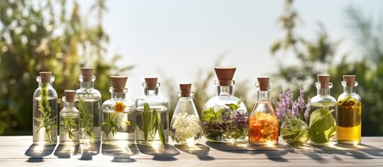 Herbal and floral elements for wellness natural oils alternative medicine aromatherapy homemade plant cosmetics Copy space image Place for adding text or design