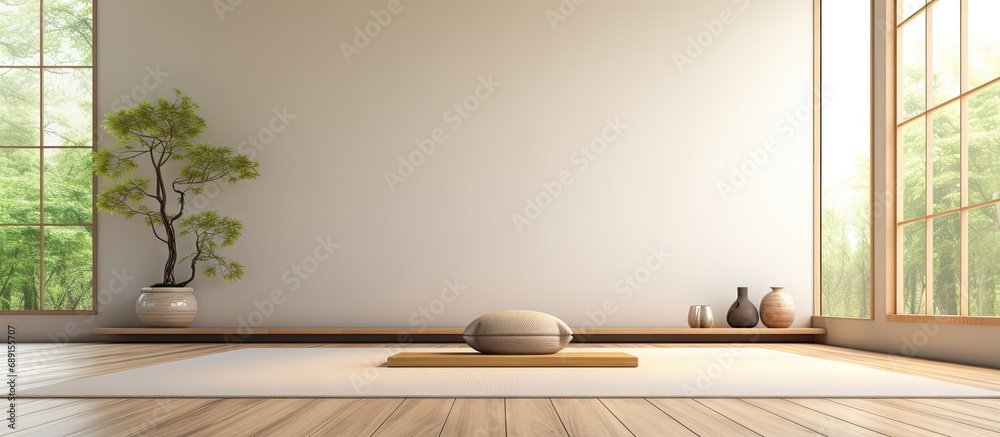 Aufkleber minimalist japanese style 3d rendering of a clean empty yoga inspired interior design copy space ima