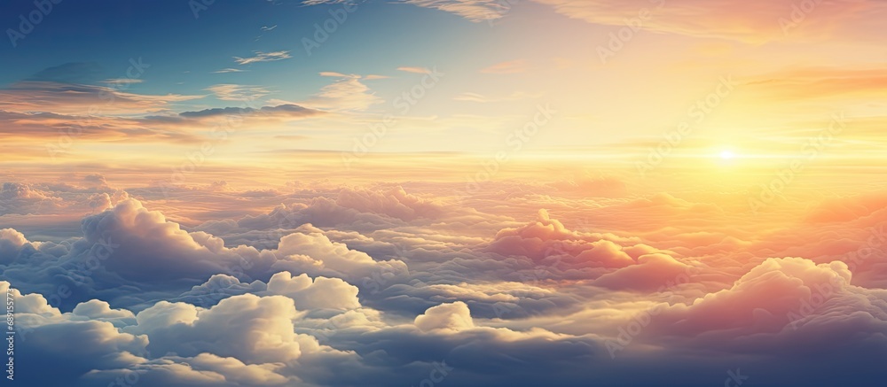 Aufkleber Aircraft viewpoint above clouds displaying breathtaking sunset Copy space image Place for adding text or design