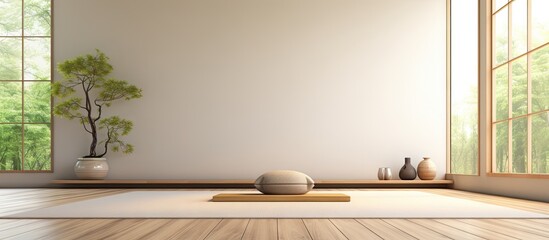 Minimalist Japanese style 3D rendering of a clean empty yoga inspired interior design Copy space image Place for adding text or design