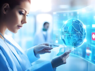 Young female doctor, hand touching electronic medical register screen, checking DNA. wearing a stethoscope Digital healthcare and network connectivity on screen medical technology