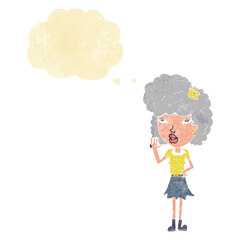 cartoon woman waving with thought bubble