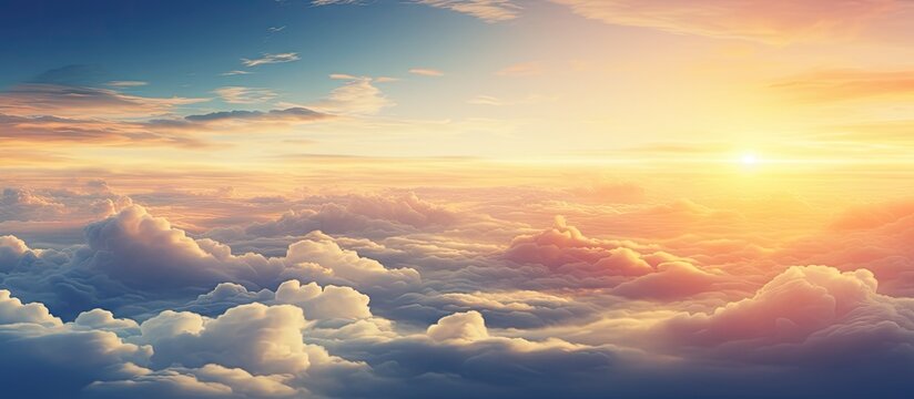 Aircraft viewpoint above clouds displaying breathtaking sunset Copy space image Place for adding text or design