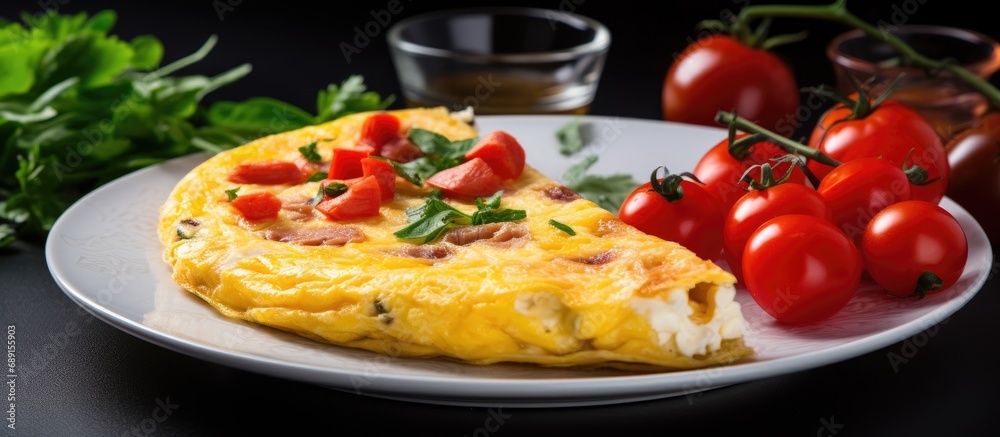 Poster Italian frittata omelet with tomatoes and feta cheese Copy space image Place for adding text or design