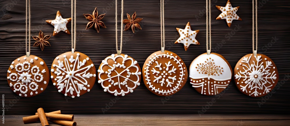 Aufkleber Gingerbread cookies suspended on a wooden backdrop Copy space image Place for adding text or design