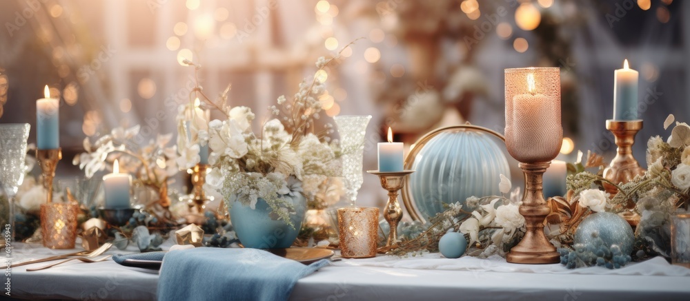 Poster Boho wedding decor in vibrant blue and gold Festive table setting Copy space image Place for adding text or design