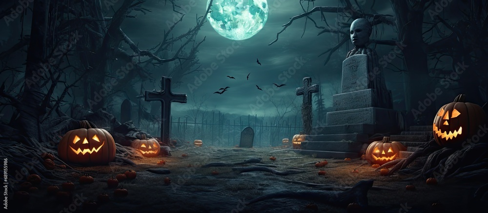 Poster Halloween scene with graveyard pumpkins and skeletons Copy space image Place for adding text or design