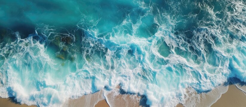 Ocean Beach drone video captures waves with rocks and foam Copy space image Place for adding text or design