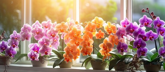 Orchids of various colors bloom as part of a gardening hobby growing indoors on a windowsill Copy...