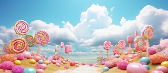 Pastel candy fantasy landscape illustration Copy space image Place for adding text or design - obrazy, fototapety, plakaty
