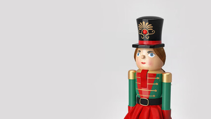 Closeup of female soldier Christmas nutcracker, isolated on copy-space background.