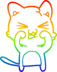 rainbow gradient line drawing of a cartoon cat hissing
