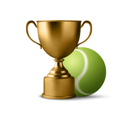 Vector 3d Realistic Blank Golden Champion Cup with Tennis Ball Set Closeup Isolated. Design Template of Championship Trophy. Sport Tournament Award, Gold Winner Cup and Victory Concept