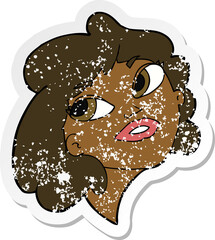 retro distressed sticker of a cartoon happy woman