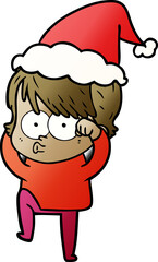 hand drawn gradient cartoon of a woman wearing santa hat