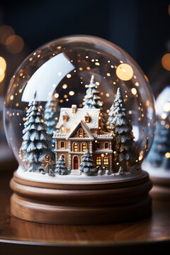 A closeup photo of a snowglobe with a little Christmas house inside