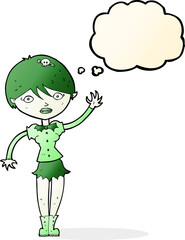 cartoon vampire girl waving with thought bubble