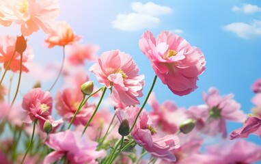 Fototapeta na wymiar Closeup pink pion flowers in the field on a blue sky background