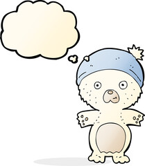 cartoon cute polar bear in hat with thought bubble