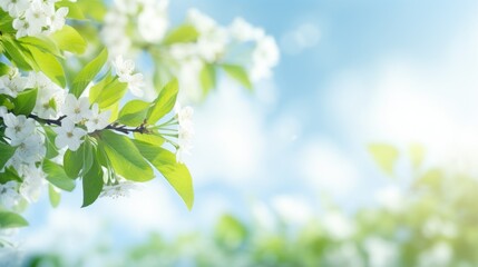 Close up tree branch with green leaves and white cherry blossoms against sunny blue cloudy sky background - Powered by Adobe