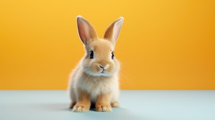 Obraz premium Baby rabbit on yellow background, Easter holiday concept with space for copy